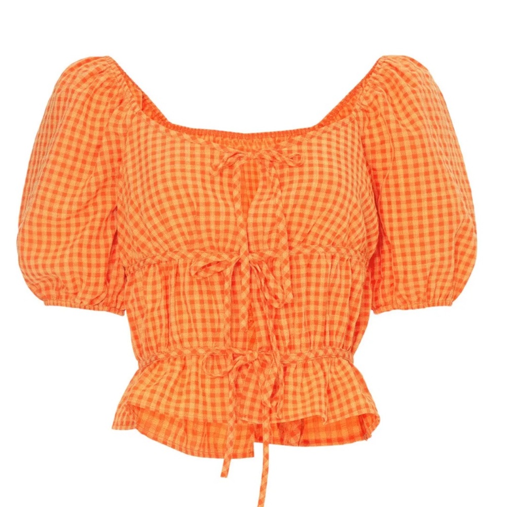 Orange Gingham Puff Sleeve Top